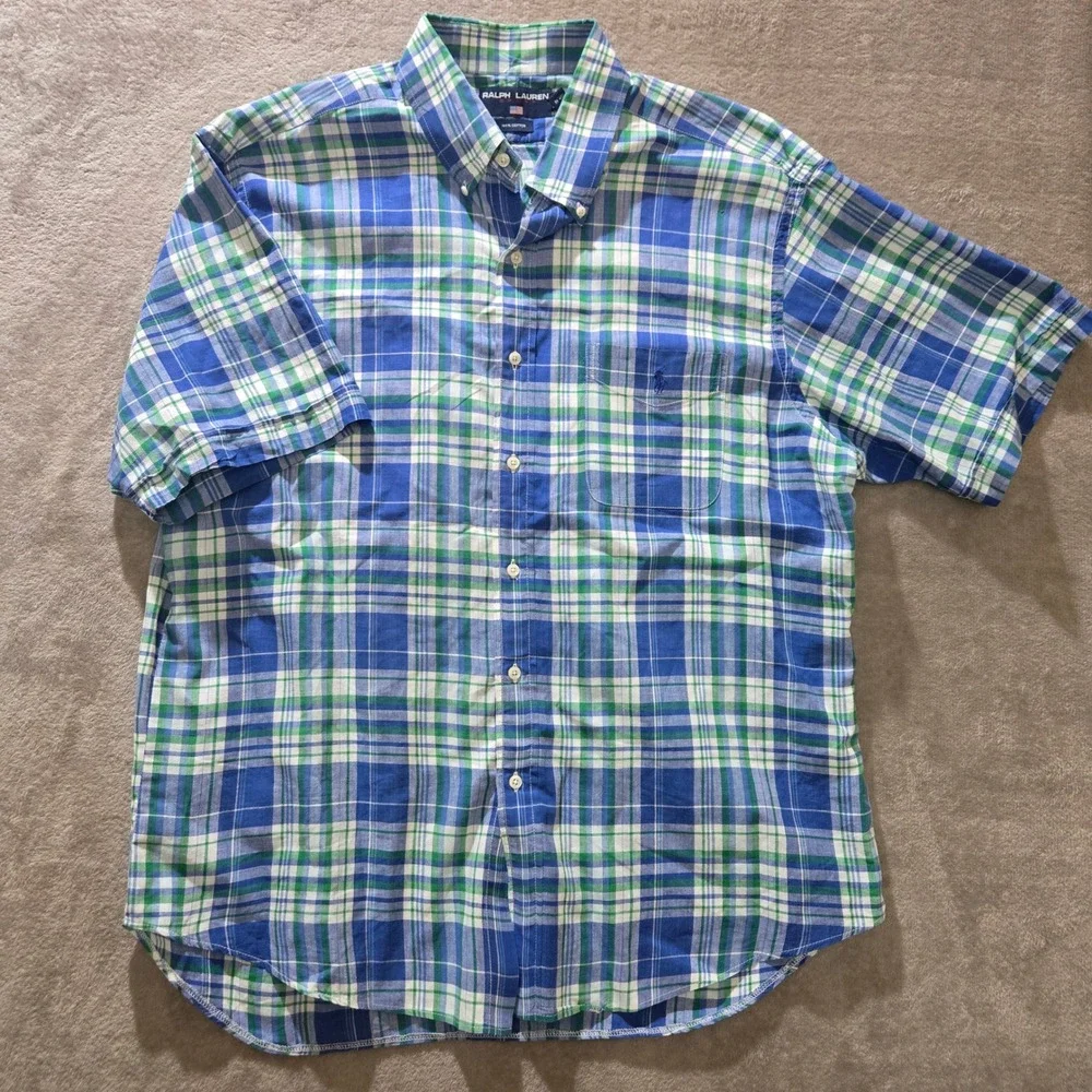 Polo Ralph Lauren Plaid Button Down Shirt Mens Large Blue Green Classic Preppy